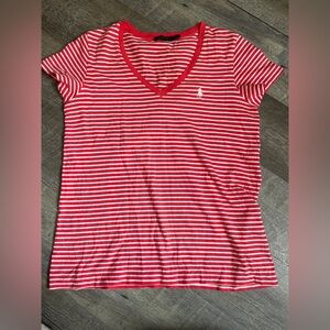 Ralph Lauren Red and White Striped V-Neck Top